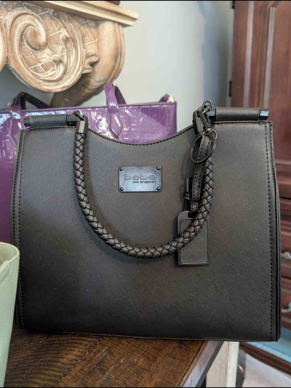 bebe Black Braided-Handle Satchel Tote